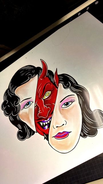 Painted geisha and devil artwork