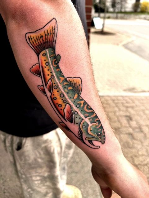 Colour brook trout forearm tattoo