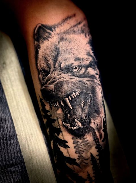 Black and grey realism wolf sleeve