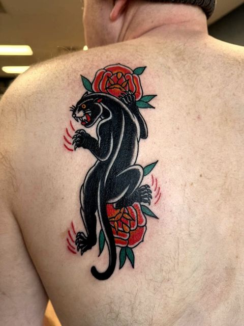 Traditional panther and roses back piece