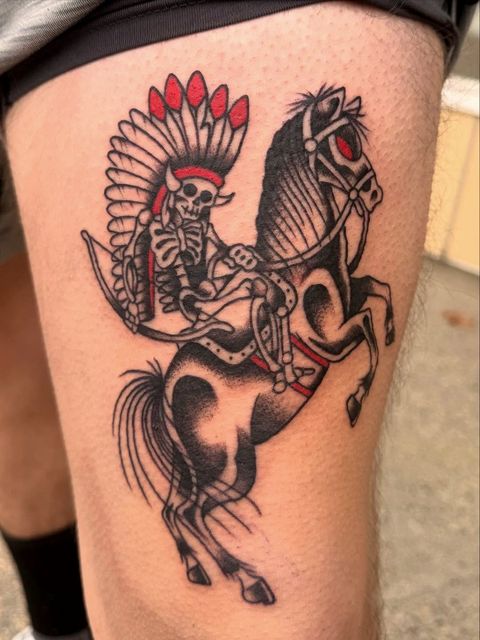 Black and grey skeleton rider and horse thigh piece